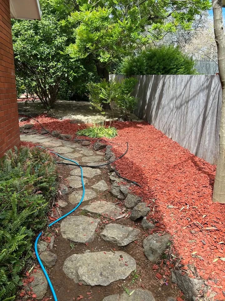 Side path with fresh mulch after